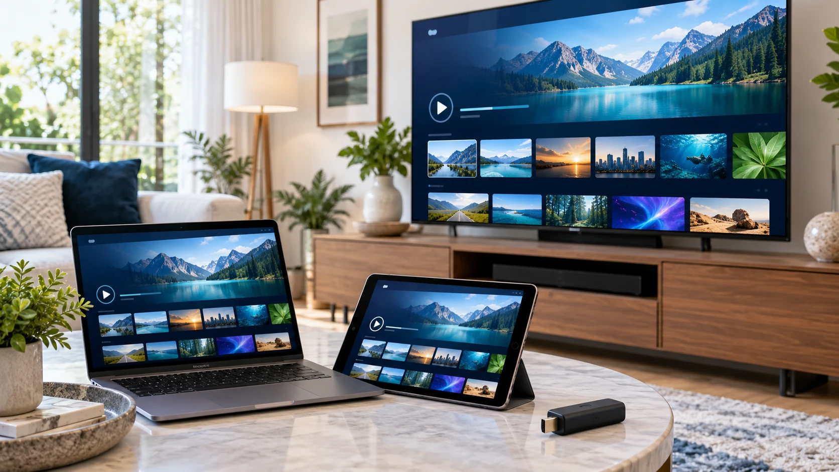 Television tablet and desktop in a multi-device viewing setup