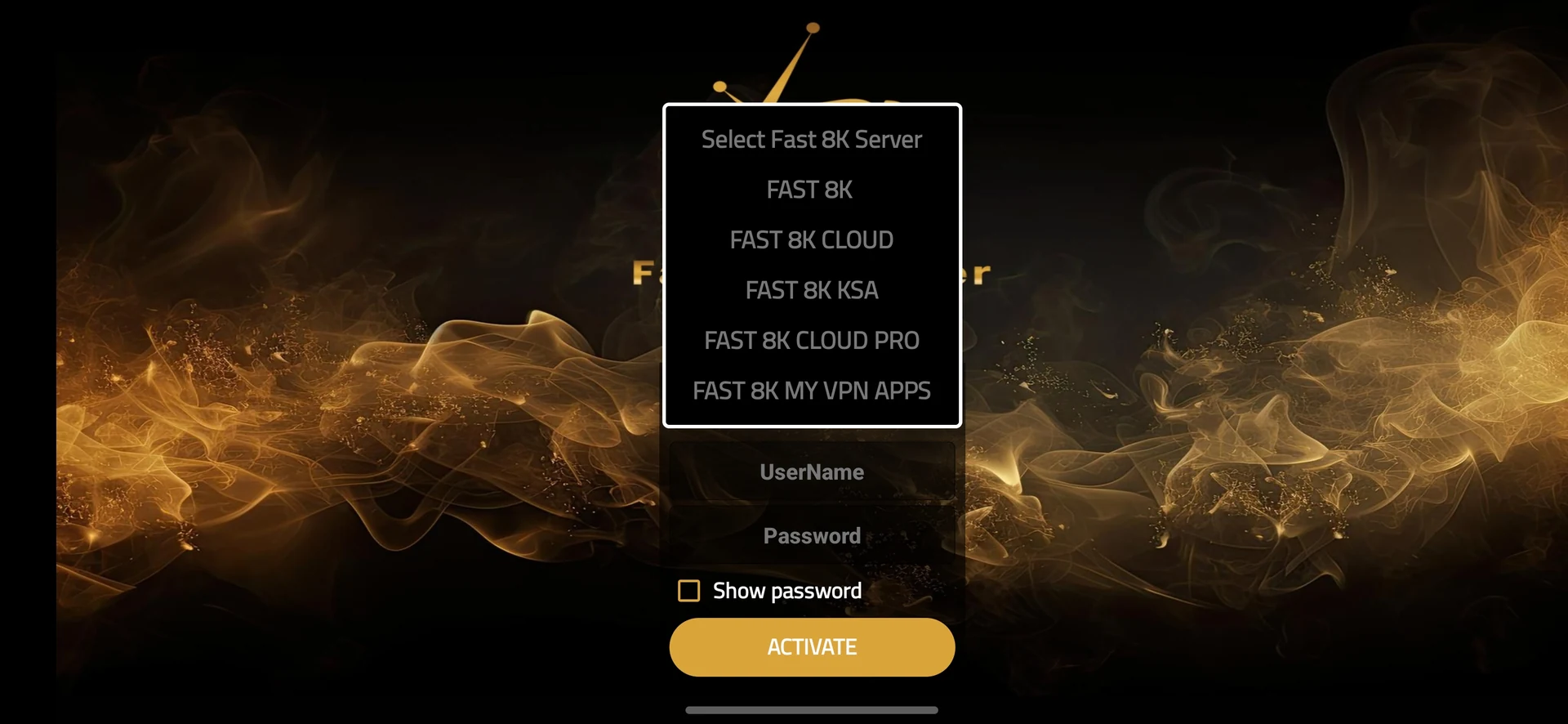 Fast 8K Player server choices: Fast 8K, Cloud, KSA, Cloud Pro and My VPN Apps
