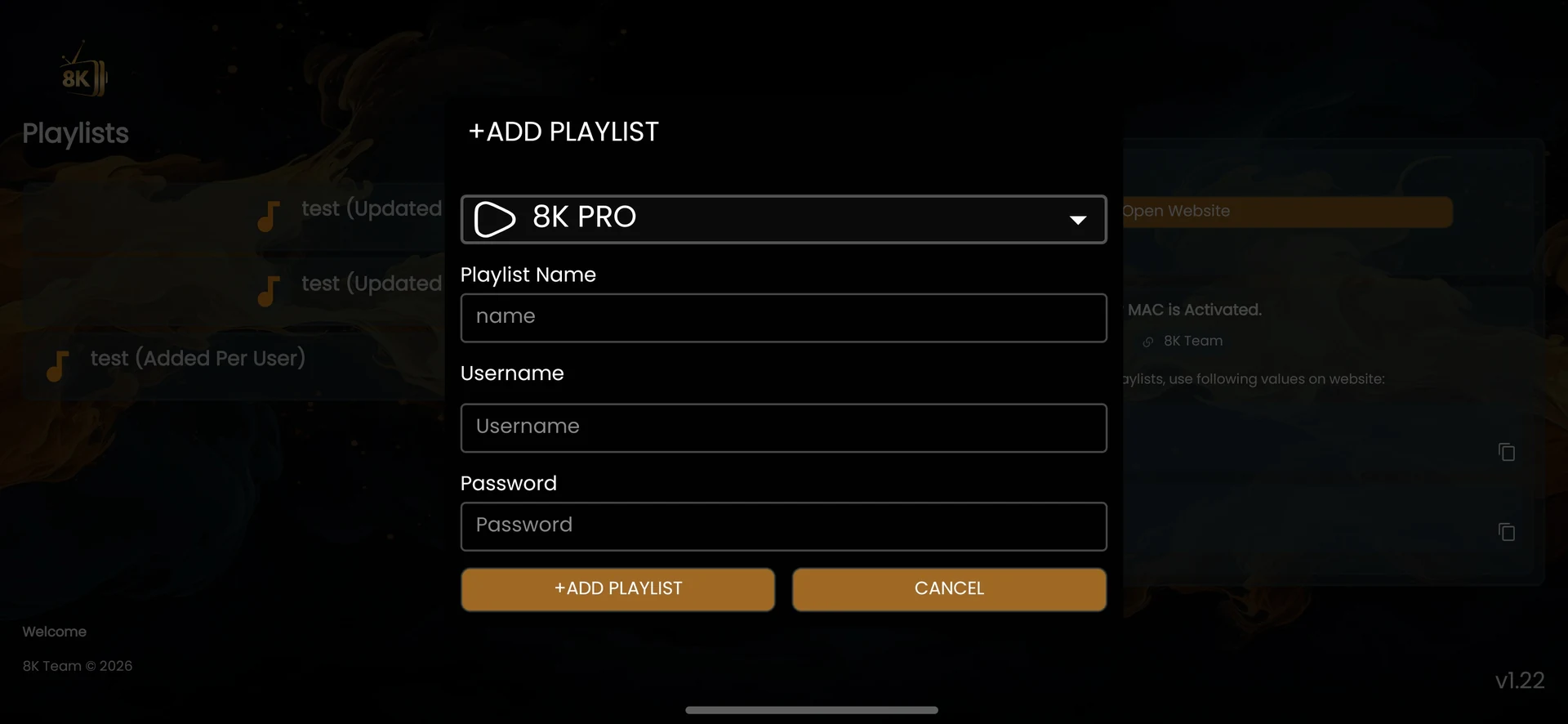 8K Player Prime playlist account-entry form