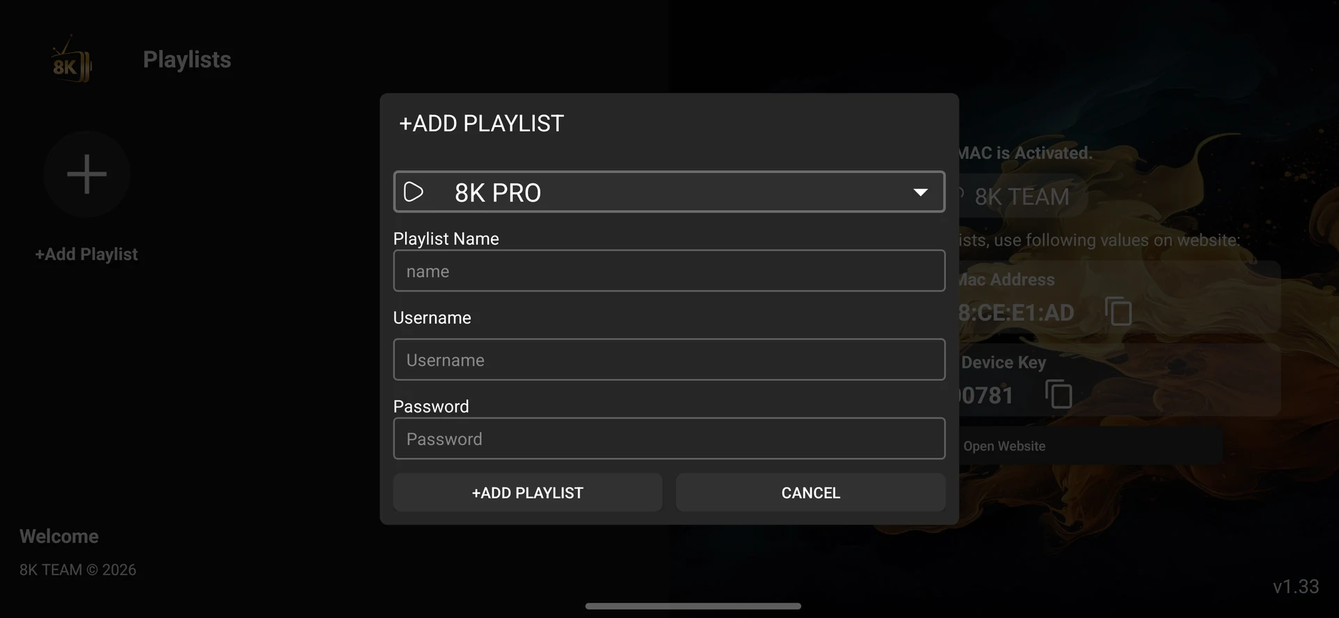8K Player VIP+ add-playlist form with 8K PRO selected