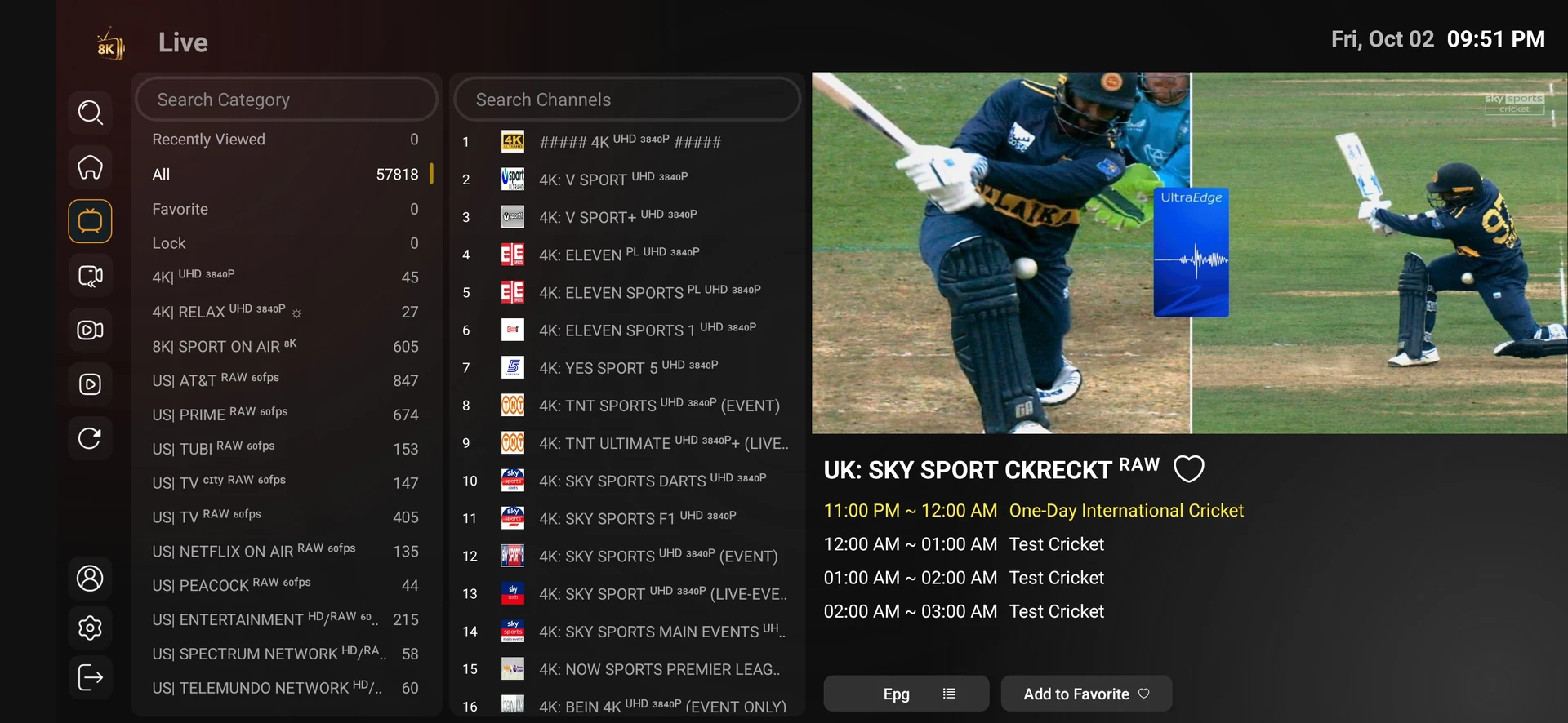 8K Player VIP+ live channel list, cricket preview and programme information