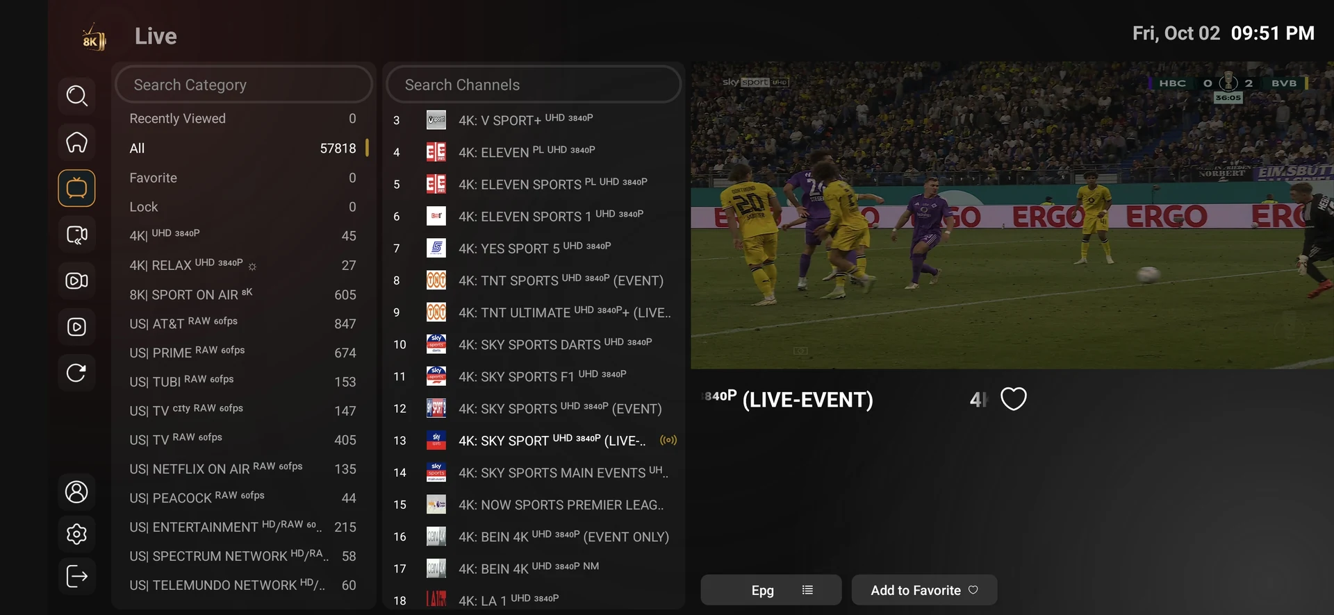 8K Player VIP+ live football preview and source list