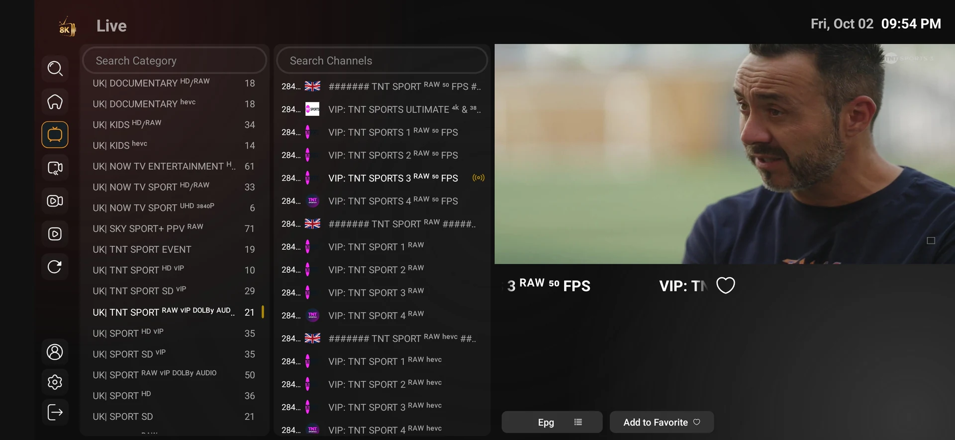 8K Player VIP+ regional live channel preview