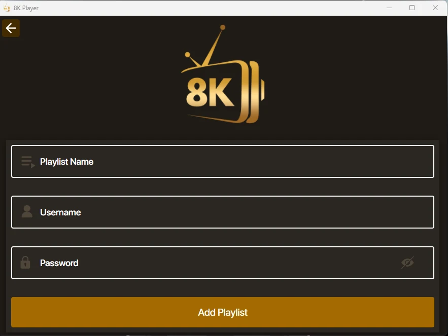 Desktop player add-playlist form with empty account fields