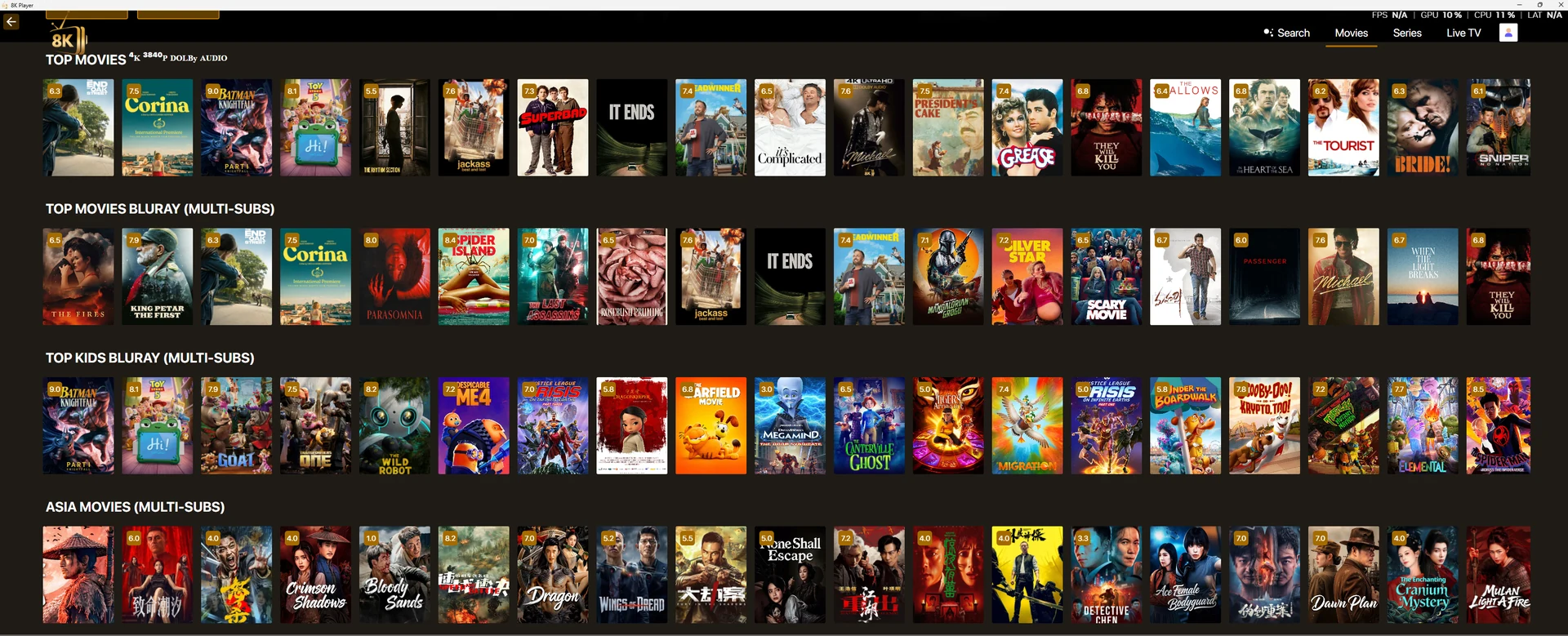 Desktop 8K player movie and series library screenshot