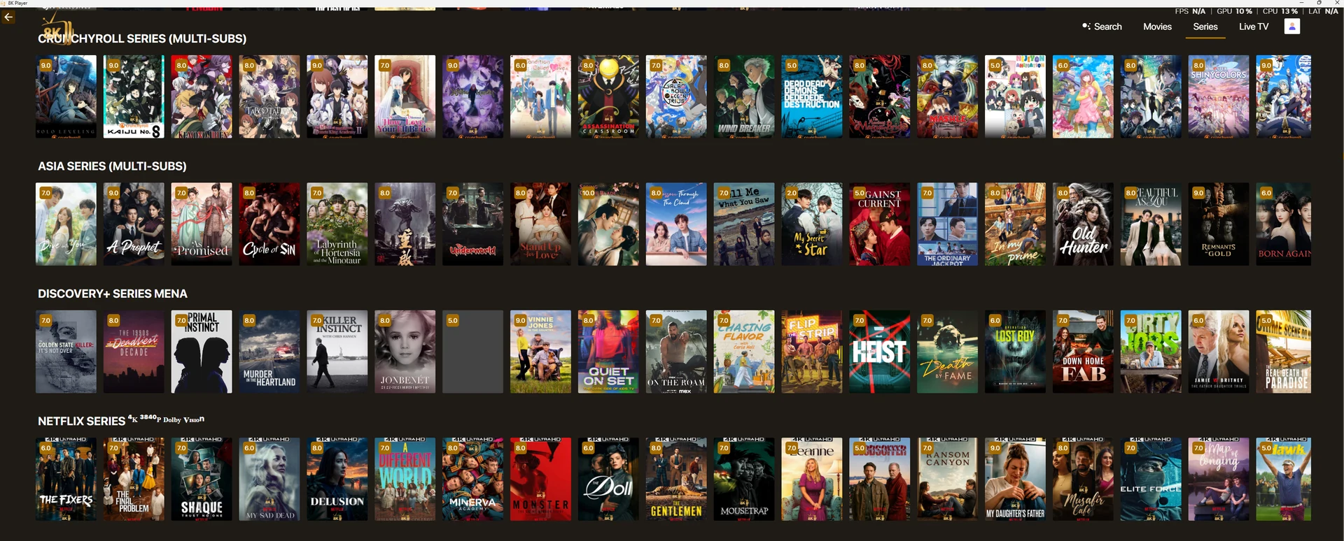 Desktop 8K player movie and series library screenshot