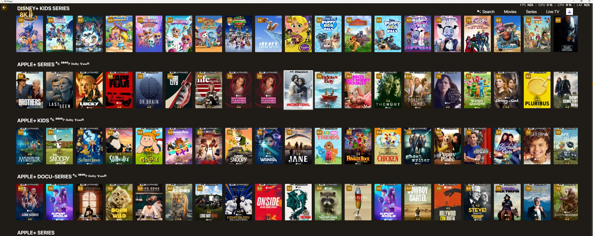 Desktop 8K player movie and series library screenshot