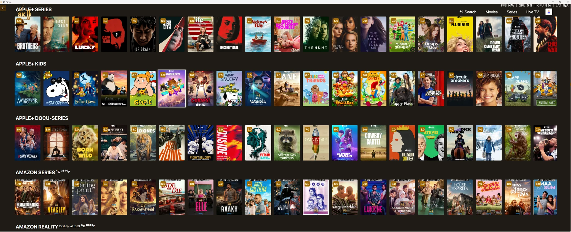 Desktop 8K player movie and series library screenshot