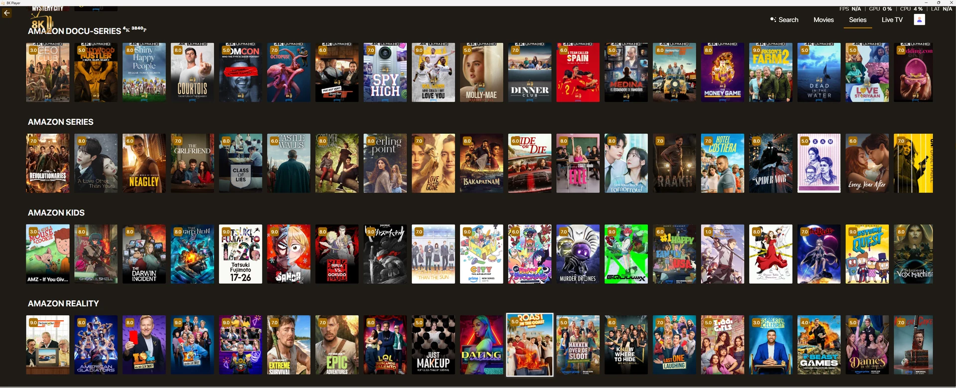Desktop 8K player movie and series library screenshot