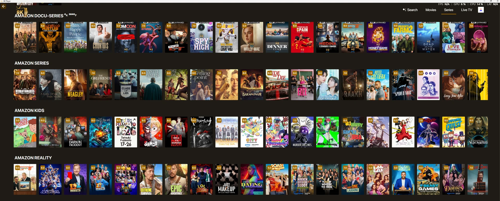 Desktop 8K player movie and series library screenshot